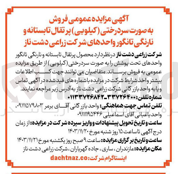 تصویر کوچک آگهی فروش محصول پرتقال تابستانه و نارنگی تانگور واحدهای تحت پوشش را به صورت سردرختی ( کیلویی ) 
