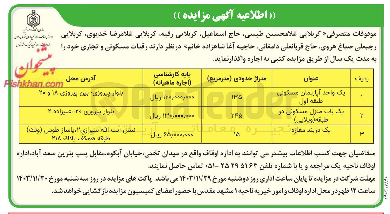 تصویر کوچک آگهی اجراه رقبات مسکونی و تجاری در 3 ردیف