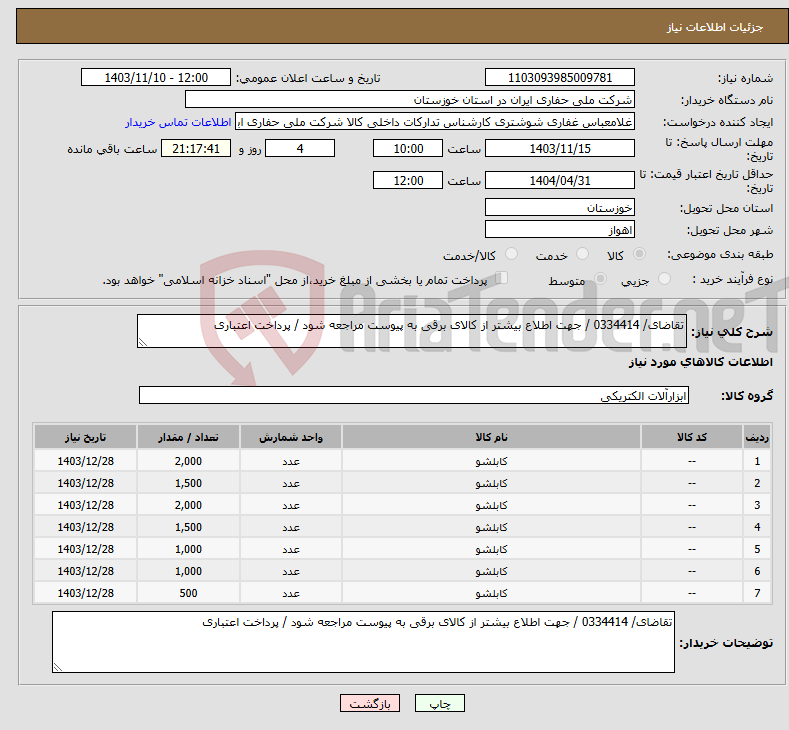 تصویر کوچک آگهی نیاز انتخاب تامین کننده-تقاضای/ 0334414 / جهت اطلاع بیشتر از کالای برقی به پیوست مراجعه شود / پرداخت اعتباری