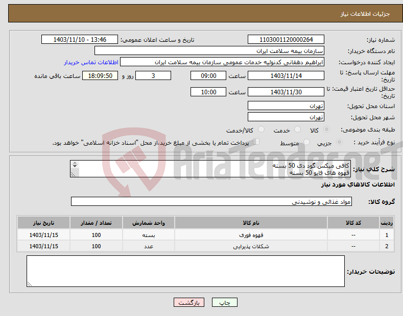 تصویر کوچک آگهی نیاز انتخاب تامین کننده-کافی میکس گود دی 50 بسته قهوه های فایو 50 بسته شکلات تادو شونیز 50 کیلو شکلات تافی توفیکا آیدین 50 کلیو