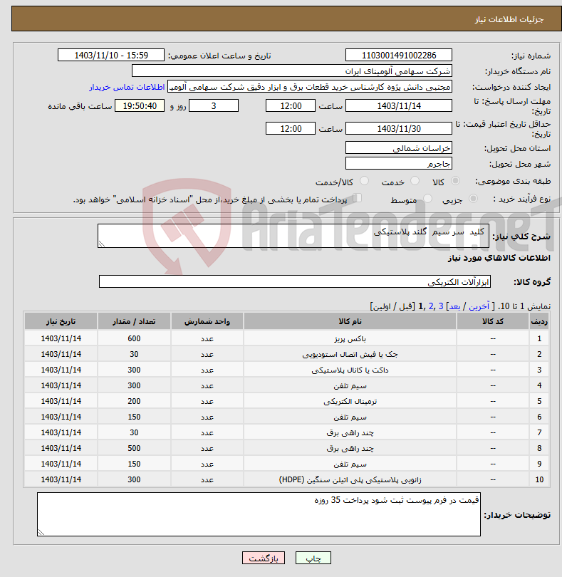 تصویر کوچک آگهی نیاز انتخاب تامین کننده- کلید سر سیم گلند پلاستیکی