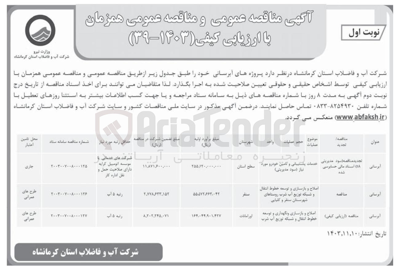 تصویر کوچک آگهی آبرسانی : خدمات پشتیبانی و تامین خودرو مورد سطح استان نیاز بود مدیریتی