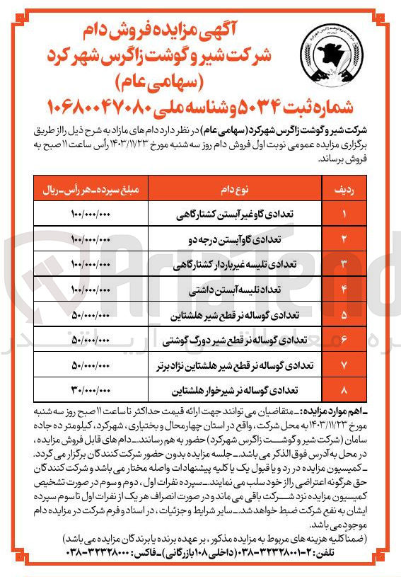 تصویر کوچک آگهی فروش دام های مازاد : تعدادی گاو غیر آبستن کشتارگاهی - تعدادی گاوآبستن درجه دو - تعدادی تلیسه غیر باردار کشتارگاهی - تعداد تلیسه آبستن داشتی - تعدادی گوساله نر قطع شیر هلشتاین - تعدادی گوساله نر قطع شیر دورگ گوشتی - تعدادی گوساله نر قطع شیر هلشتاین نژاد برتر - تعدادی گوساله نر شیرخوار هلشتاین