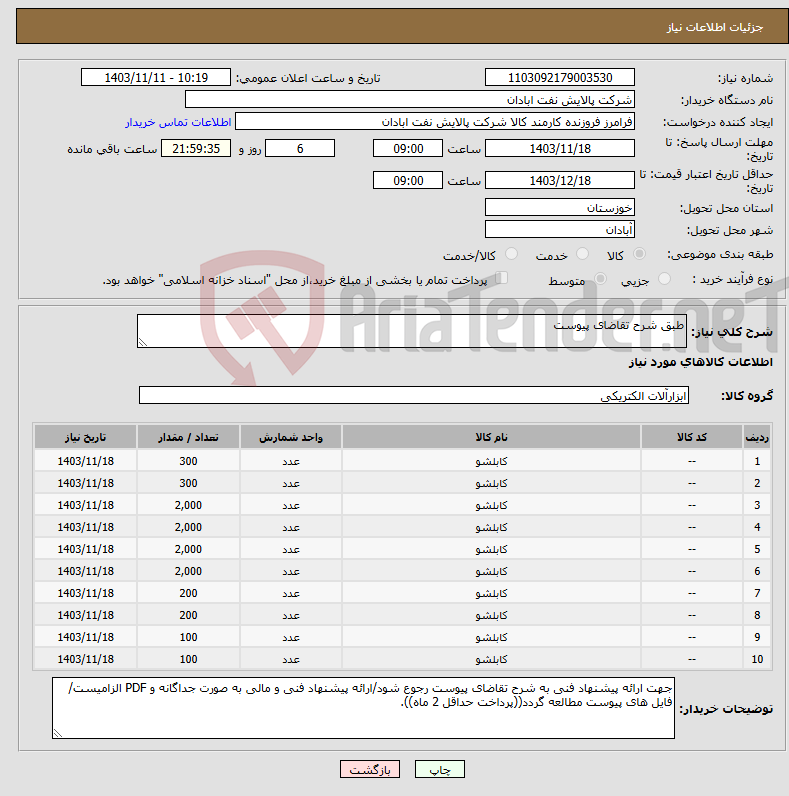 تصویر کوچک آگهی نیاز انتخاب تامین کننده-طبق شرح تقاضای پیوست