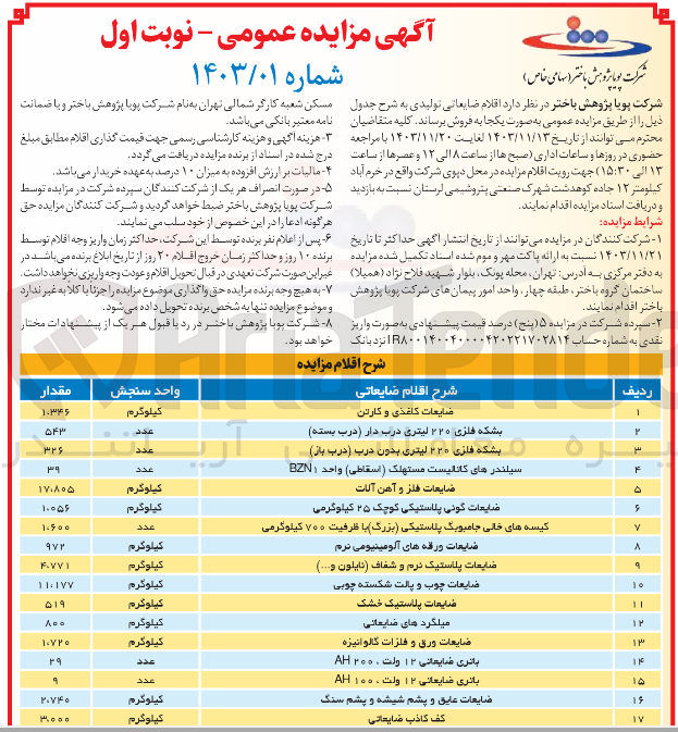 تصویر کوچک آگهی فروش اقلام ضایعاتی تولیدی در 17 ردیف : ضایعات کاغذی و کارتن - بشکه فلزی ۲۲۰ لیتری درب دار درب بسته - بشکه فلزی ۲۲۰ لیتری بدون درب درب باز - سیلندر های کانالیست مستهلک اسقاطی ) واحد BZN - ضایعات فلز و آهن آلات - ضایعات گونی پلاستیکی کوچک ۲۵ کیلوگرمی - کیسه های خالی جامبوبگ پلاستیکی ( بزرگ ) با ظرفیت ۷۰۰ کیلوگرمی - ضایعات ورقه های آلومینیومی نرم - ضایعات پلاستیک نرم و شفاف نایلون و .. 