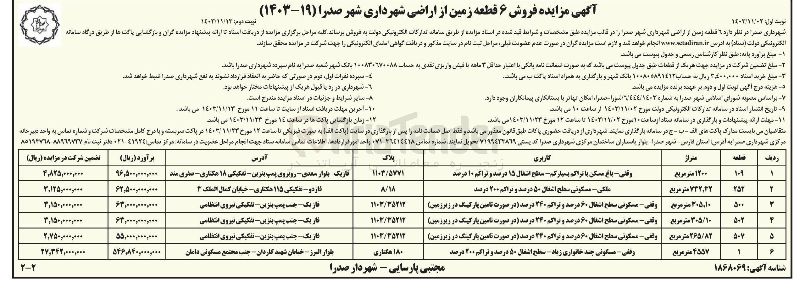 تصویر کوچک آگهی فروش 6 قطعه زمین از اراضی