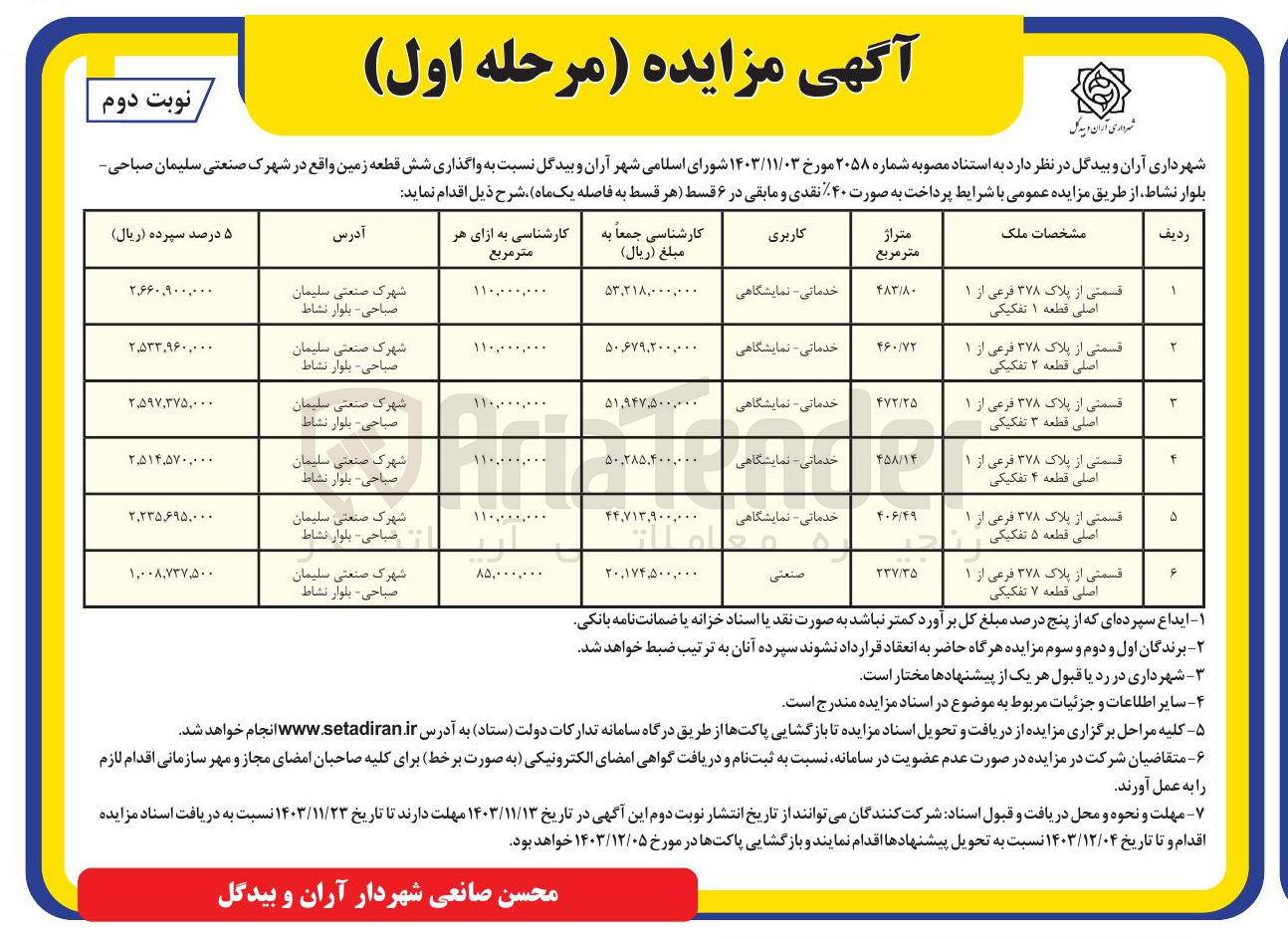 تصویر کوچک آگهی  واگذاری شش قطعه زمین با کاربری خدماتی - نمایشگاهی ، صنعتی