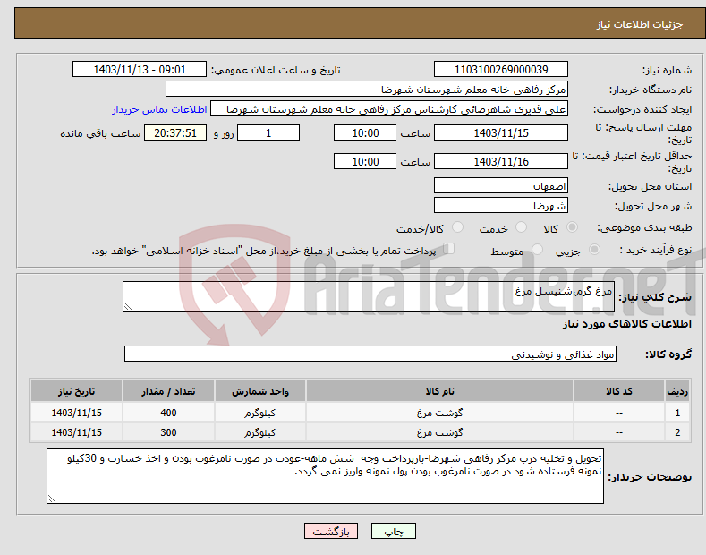 تصویر کوچک آگهی نیاز انتخاب تامین کننده-مرغ گرم،شنیسل مرغ