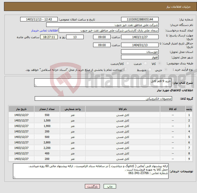 تصویر کوچک آگهی نیاز انتخاب تامین کننده-خرید 9 قلم کابل 