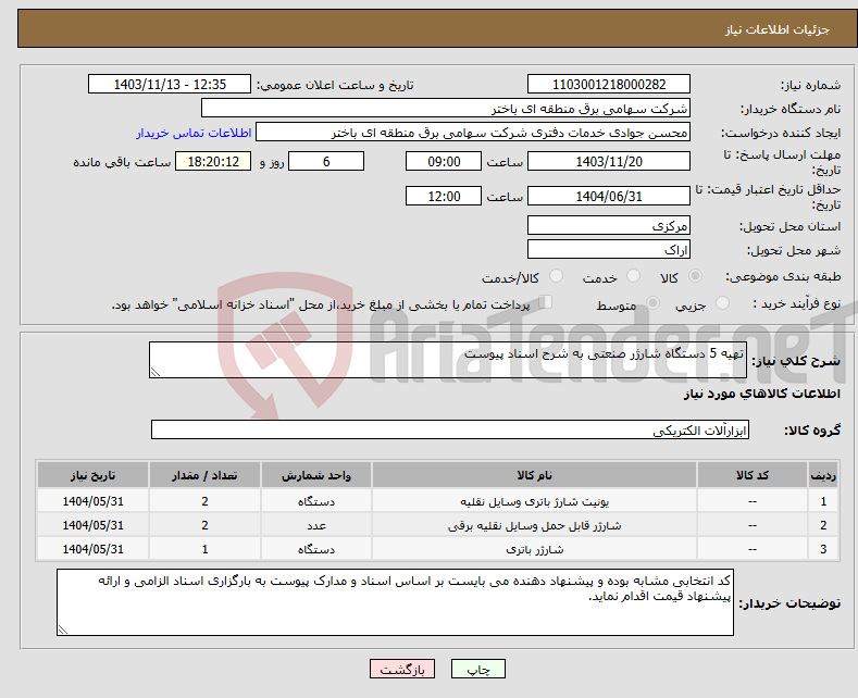 تصویر کوچک آگهی نیاز انتخاب تامین کننده-تهیه 5 دستگاه شارژر صنعتی به شرح اسناد پیوست