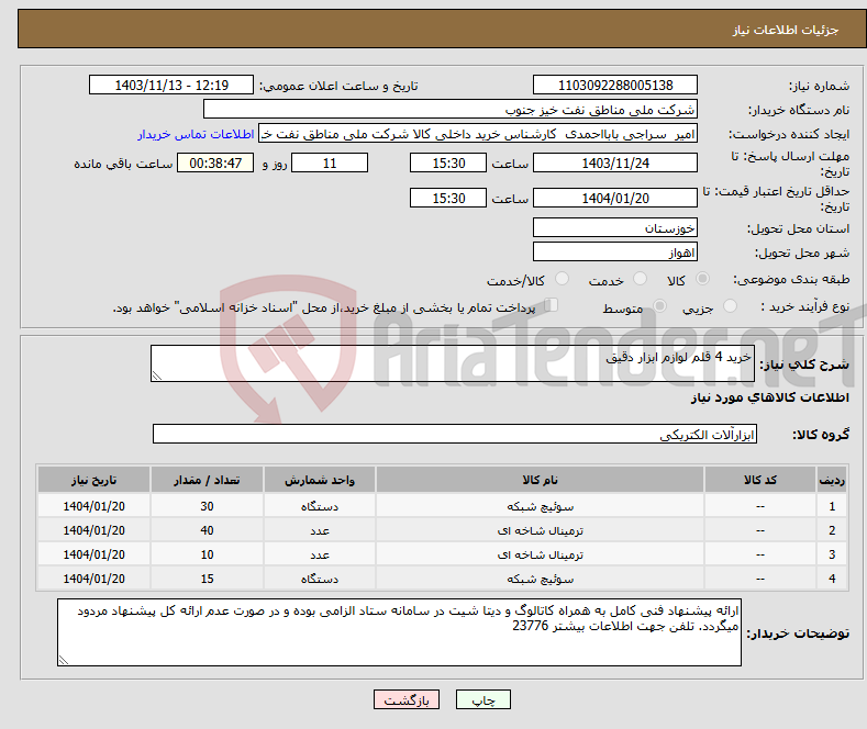 تصویر کوچک آگهی نیاز انتخاب تامین کننده-خرید 4 قلم لوازم ابزار دقیق 