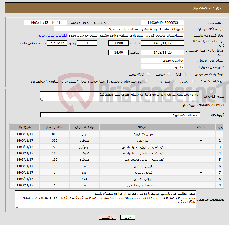 تصویر کوچک آگهی نیاز انتخاب تامین کننده-پروژه خریدکود،سم بذر وادوات مورد نیاز در سطح فضای سبز منطقه12