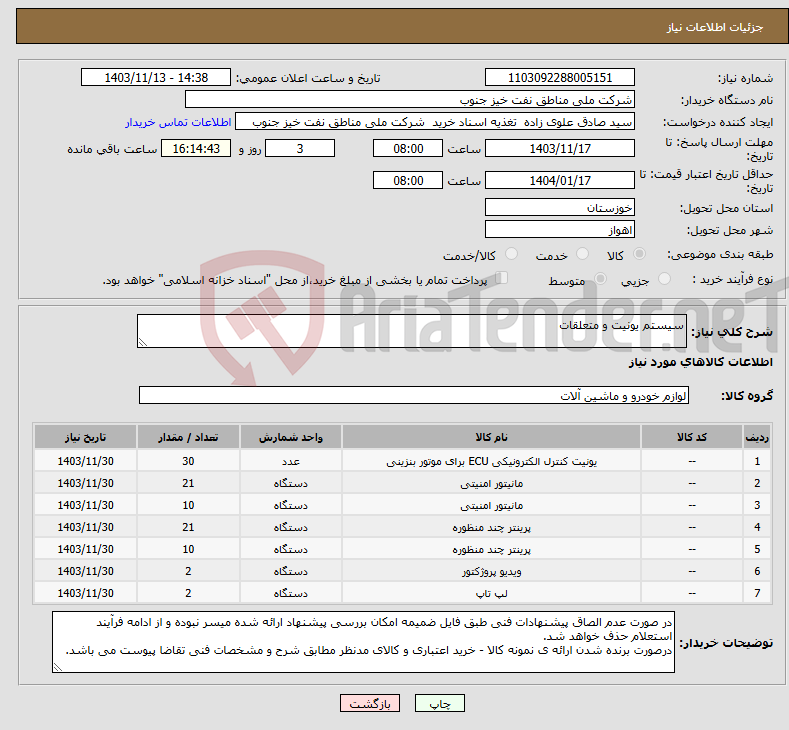 تصویر کوچک آگهی نیاز انتخاب تامین کننده-سیستم یونیت و متعلقات