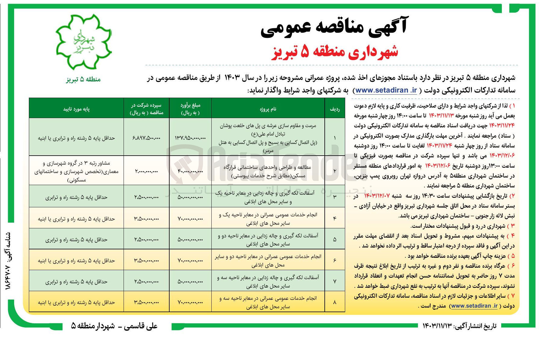 تصویر کوچک آگهی مرمت و مقاوم سازی عرشه ی پل های خلعت پوشان تبادل امام علی ( ع ) 
