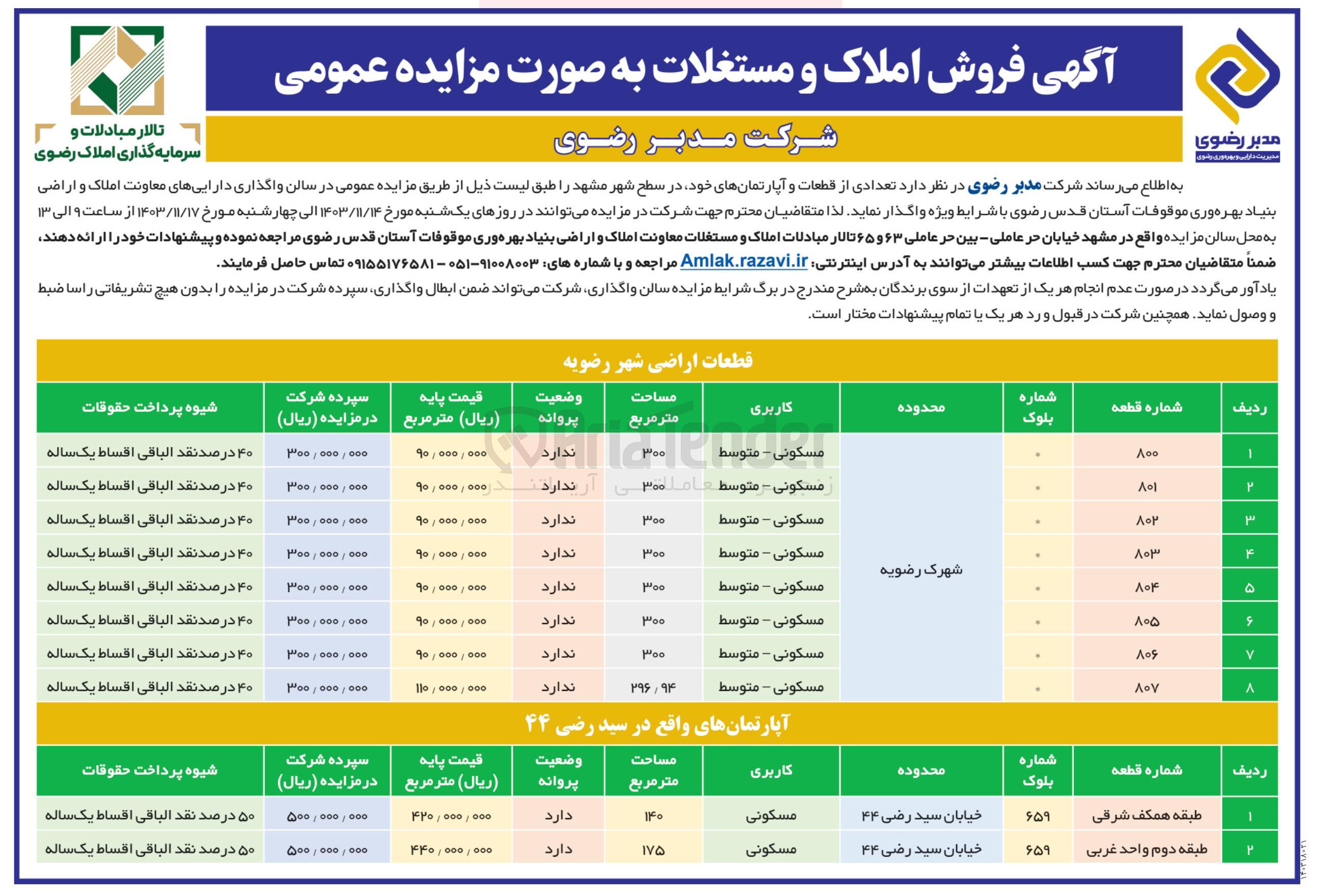 تصویر کوچک آگهی فروش تعدادی از قطعات و آپارتمانهای خود در 10 ردیف با کاربری مسکونی
