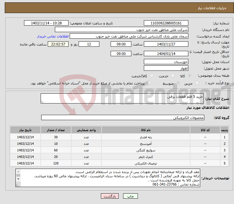 تصویر کوچک آگهی نیاز انتخاب تامین کننده-خرید 5 قلم قطعات برقی