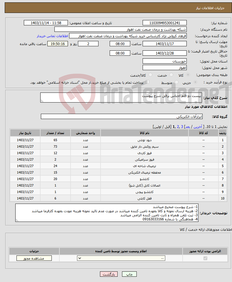 تصویر کوچک آگهی نیاز انتخاب تامین کننده-بیست دو قلم اجناس برقی شرح پیوست 