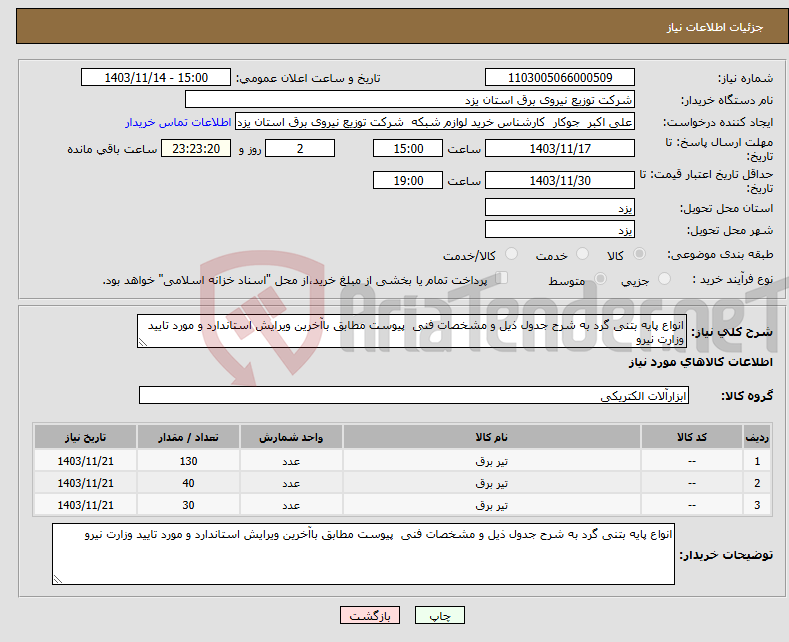 تصویر کوچک آگهی نیاز انتخاب تامین کننده-انواع پایه بتنی گرد به شرح جدول ذیل و مشخصات فنی پیوست مطابق باآخرین ویرایش استاندارد و مورد تایید وزارت نیرو