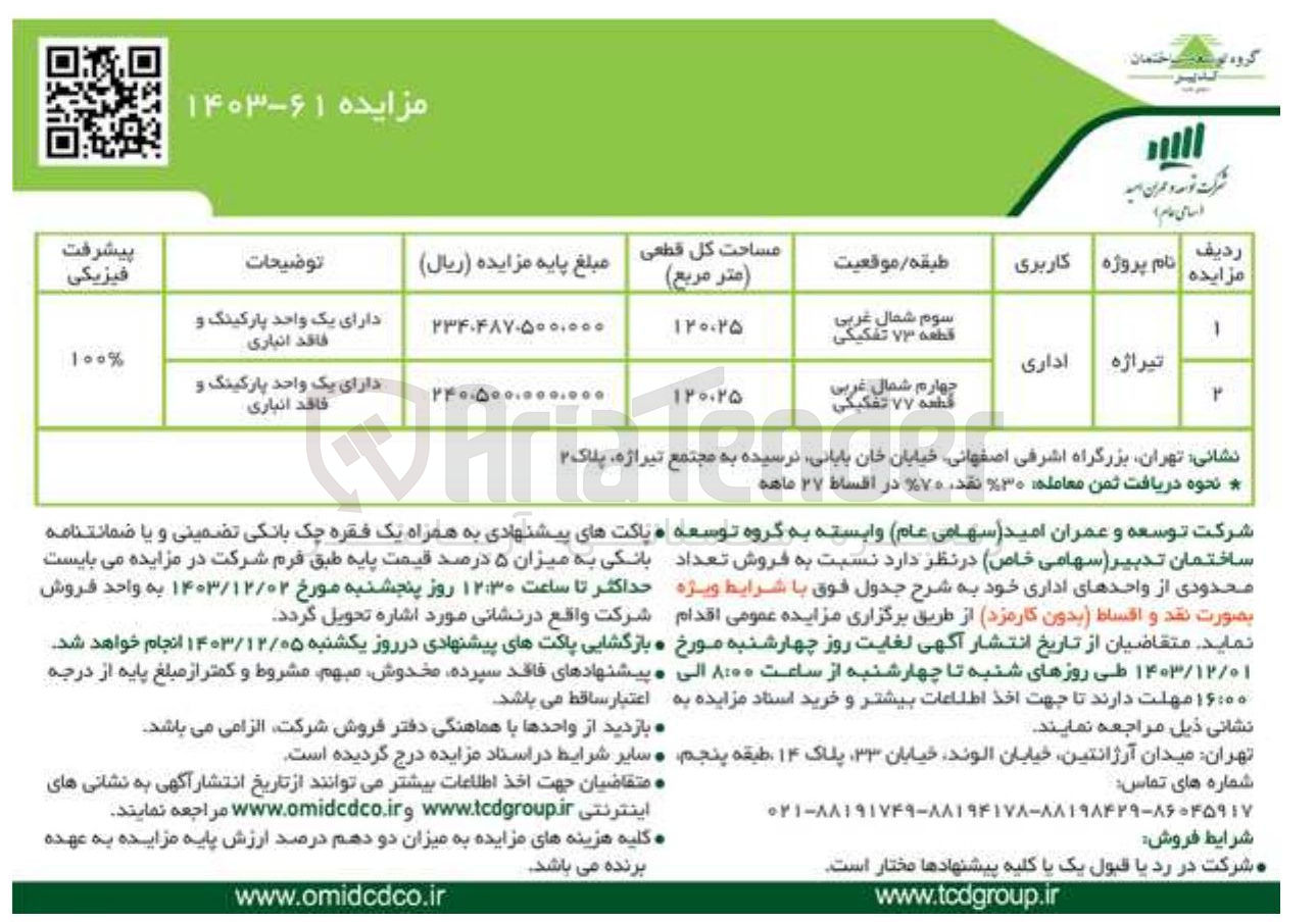 تصویر کوچک آگهی فروش تعدادی محدودی از واحدهای اداری در 2 ردیف از پروژه تیراژه