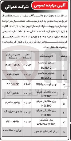 تصویر کوچک آگهی فروش تجهیزات و ماشین آلات  در 8 ردیف : بلدوزر کوماتسو - بیل مکانیکی هیگو HEC200 - بیل مکانیکی XCMG-XE230C  و...