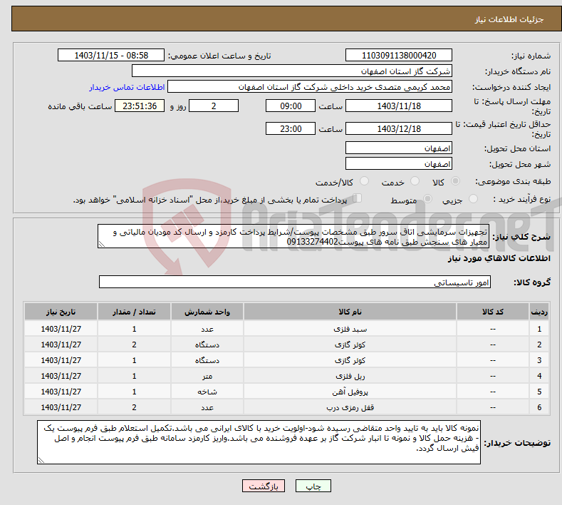 تصویر کوچک آگهی نیاز انتخاب تامین کننده-تجهیزات سرمایشی اتاق سرور طبق مشخصات پیوست/شرایط پرداخت کارمزد و ارسال کد مودیان مالیاتی و معیار های سنجش طبق نامه های پیوست09133274402