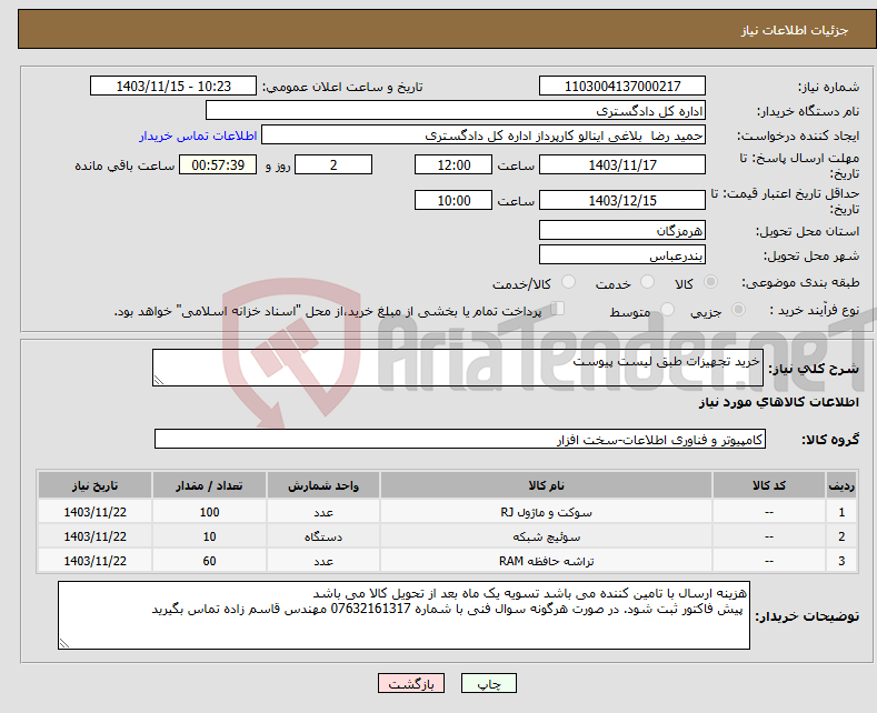 تصویر کوچک آگهی نیاز انتخاب تامین کننده-خرید تجهیزات طبق لیست پیوست 