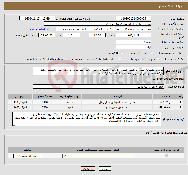 تصویر کوچک آگهی نیاز انتخاب تامین کننده-قرارداد یکساله خودرو با راننده تامین اجتماعی شعبه 2 اراک -تمامی مدارک درخواستی می بایست پرینت گرفته شود و پس از مهر و امضا در سامانه بارگذاری شود .