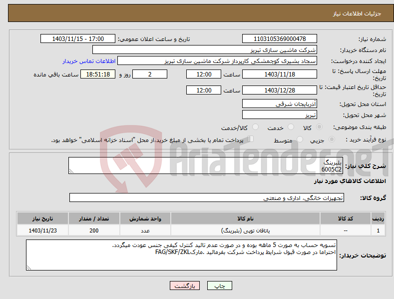 تصویر کوچک آگهی نیاز انتخاب تامین کننده-بلبرینگ 6005C2