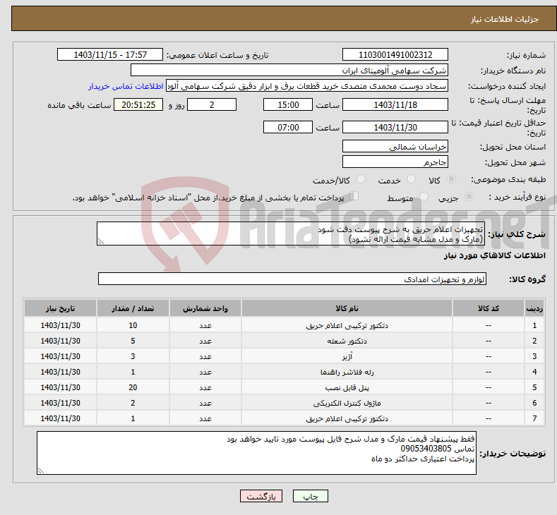 تصویر کوچک آگهی نیاز انتخاب تامین کننده-تجهیزات اعلام حریق به شرح پیوست دقت شود (مارک و مدل مشابه قیمت ارائه نشود)