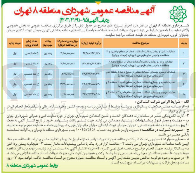 تصویر کوچک آگهی عملیات تراش و روکش مکانیزه آسفالت معابر در سطح نواحی ۱ و ۳ منطقه ۸ و آدرسهای طرح من شهر دارم ( مرحله چهارم ) 