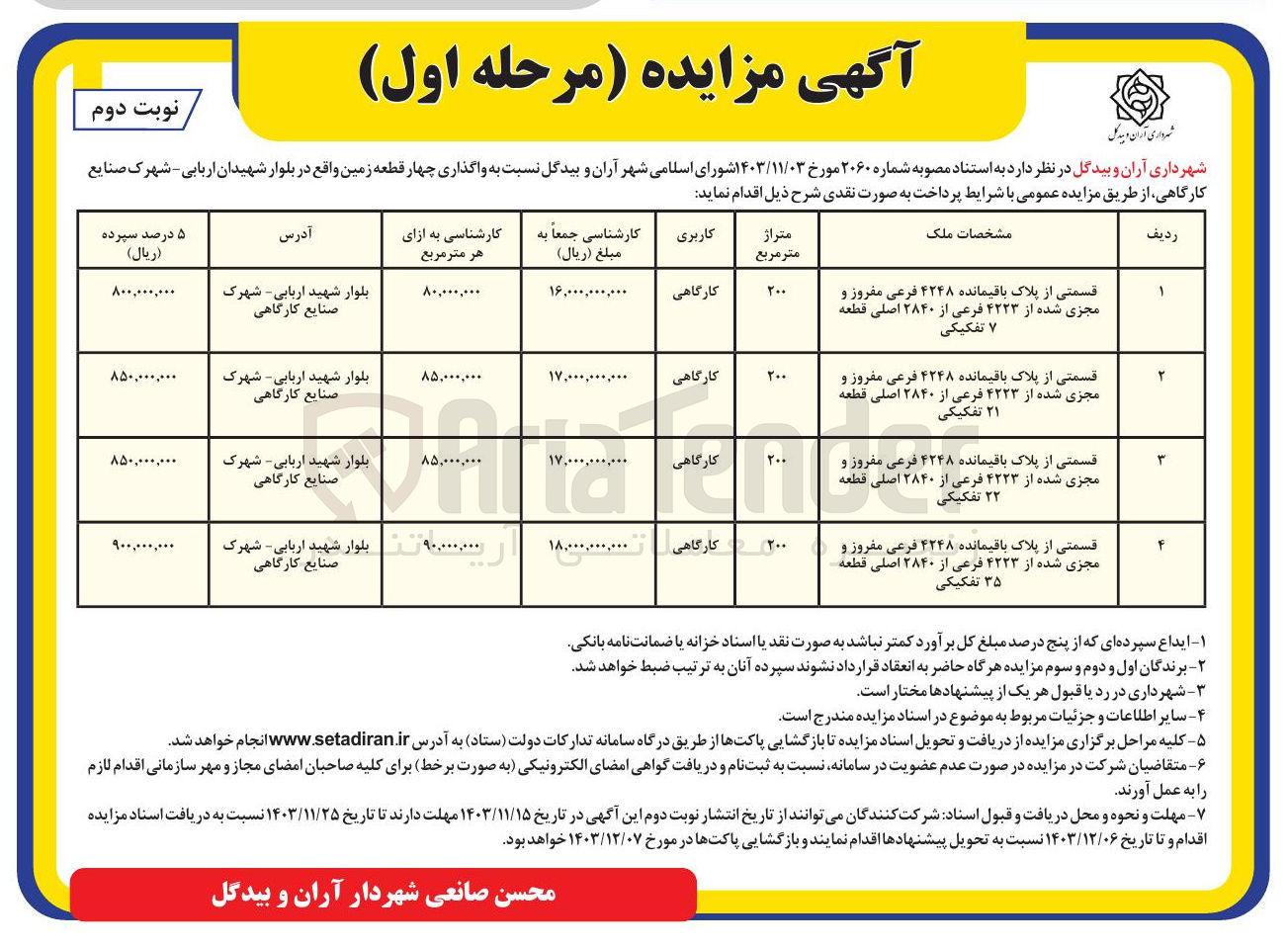 تصویر کوچک آگهی واگذاری چهار قطعه زمین با کاربری کارگاهی