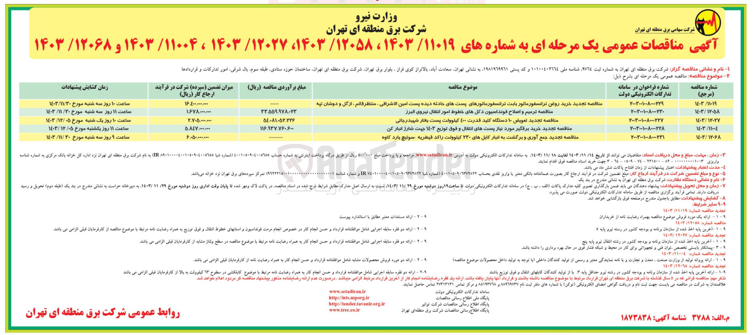 تصویر کوچک آگهی خرید روغن ترانسفورماتور بابت ترانسفورماتورهای پست های حادثه دیده پست امین الاشراقی ، منتظر خانم ، از گل و دوشان تپه