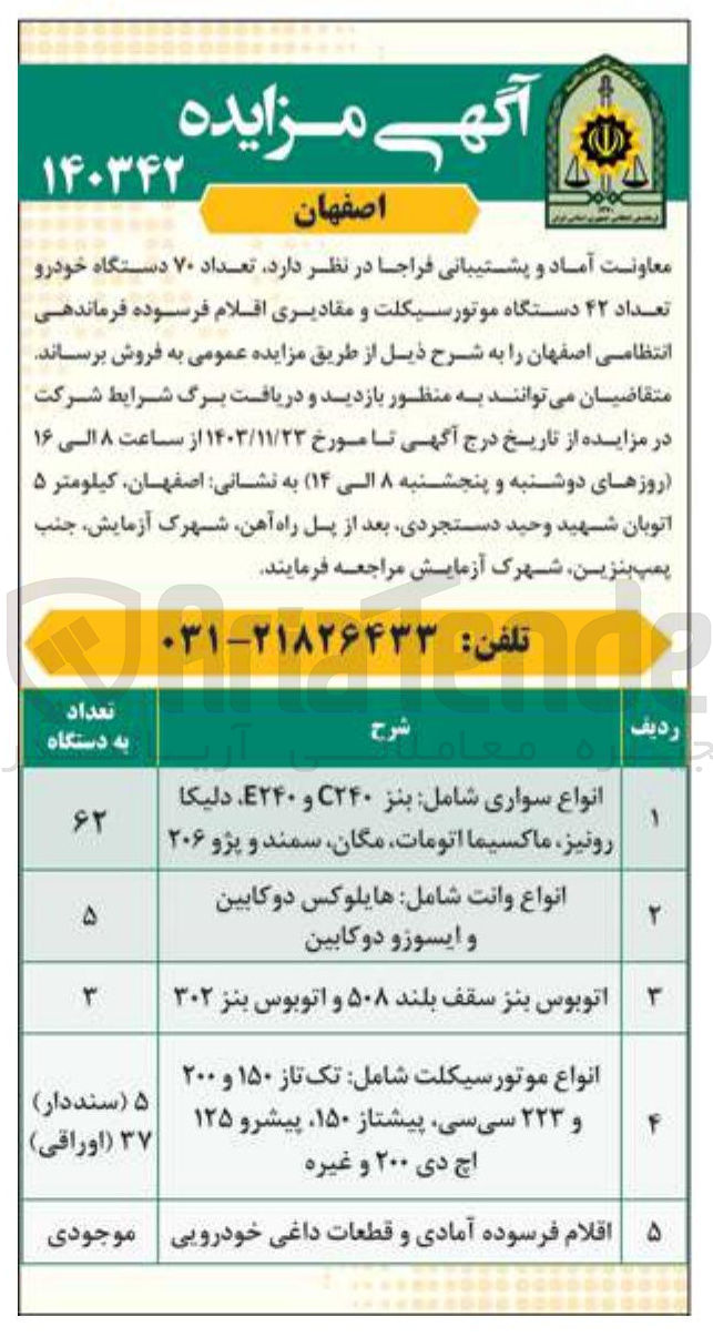 تصویر کوچک آگهی فروش تعداد ۷۰ دستگاه خودرو تعداد ۴۲ دستگاه موتورسیکلت و مقادیری اقلام فرسوده 