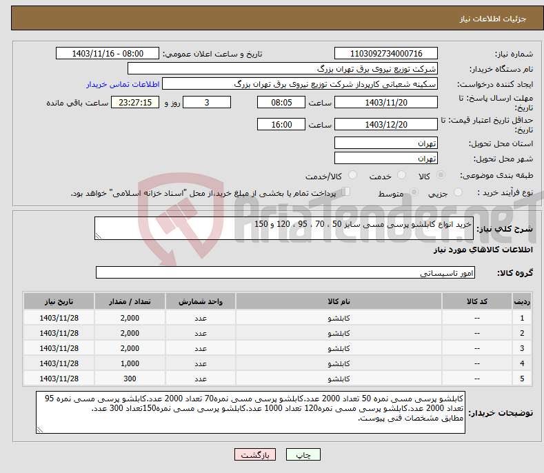 تصویر کوچک آگهی نیاز انتخاب تامین کننده-خرید انواع کابلشو پرسی مسی سایز 50 ، 70 ، 95 ، 120 و 150
