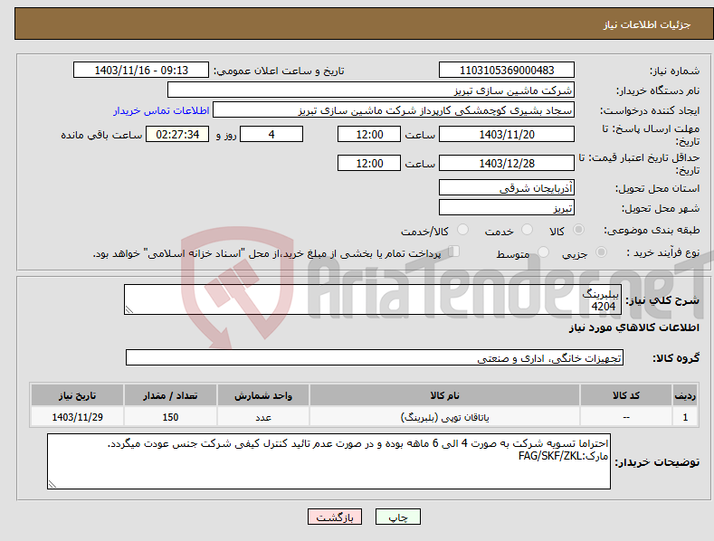 تصویر کوچک آگهی نیاز انتخاب تامین کننده-ببلبرینگ 4204