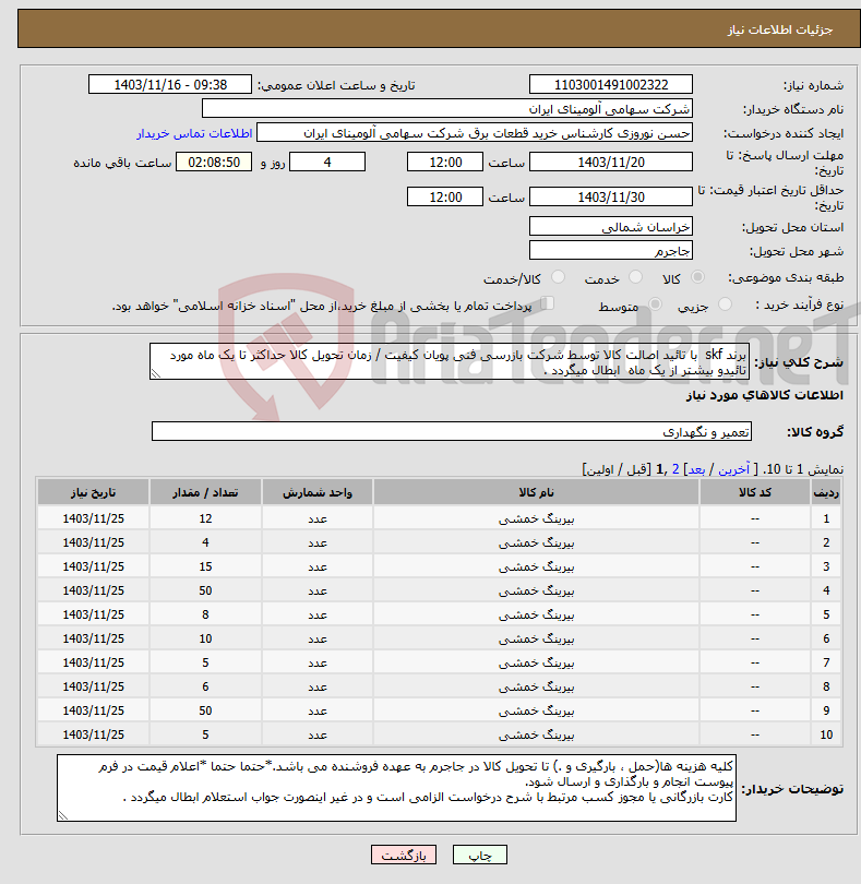تصویر کوچک آگهی نیاز انتخاب تامین کننده-برند skf با تائید اصالت کالا توسط شرکت بازرسی فنی پویان کیفیت / زمان تحویل کالا حداکثر تا یک ماه مورد تائیدو بیشتر از یک ماه ابطال میگردد .