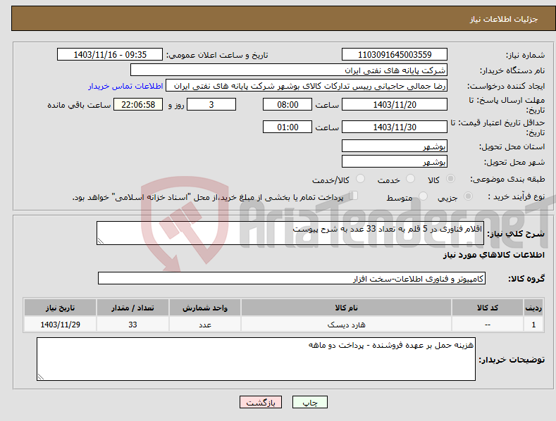 تصویر کوچک آگهی نیاز انتخاب تامین کننده-اقلام فناوری در 5 قلم به تعداد 33 عدد به شرح پیوست
