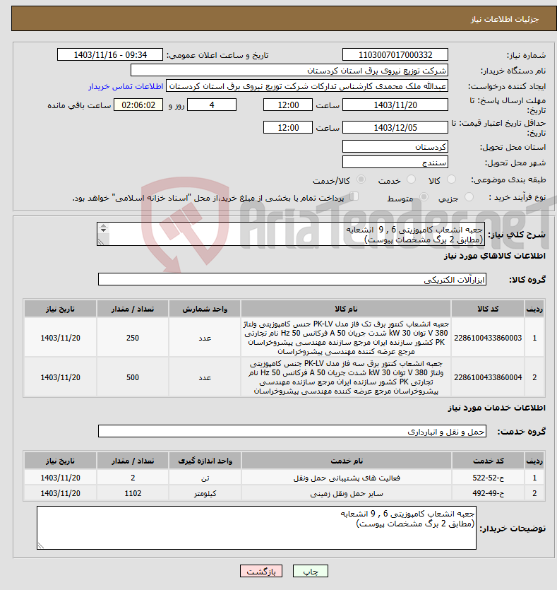 تصویر کوچک آگهی نیاز انتخاب تامین کننده-جعبه انشعاب کامپوزیتی 6 , 9 انشعابه (مطابق 2 برگ مشخصات پیوست) 