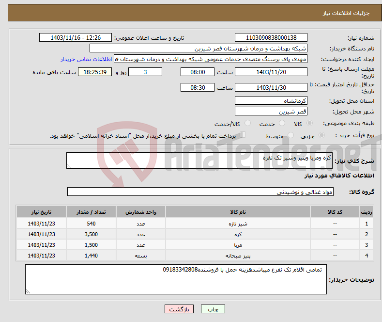 تصویر کوچک آگهی نیاز انتخاب تامین کننده-کره ومربا وپنیر وشیر تک نفره