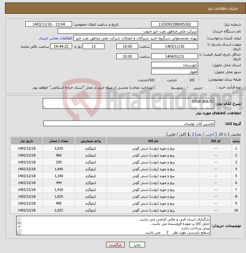 تصویر کوچک آگهی نیاز انتخاب تامین کننده-STUD BOLTS