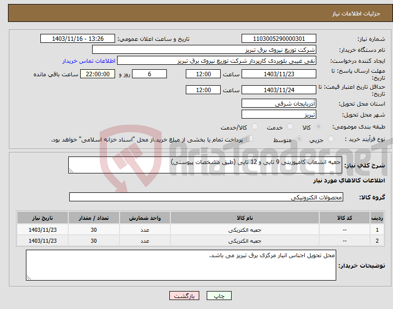 تصویر کوچک آگهی نیاز انتخاب تامین کننده-جعبه انشعاب کامپوزیتی 9 تایی و 12 تایی (طبق مشخصات پیوستی)