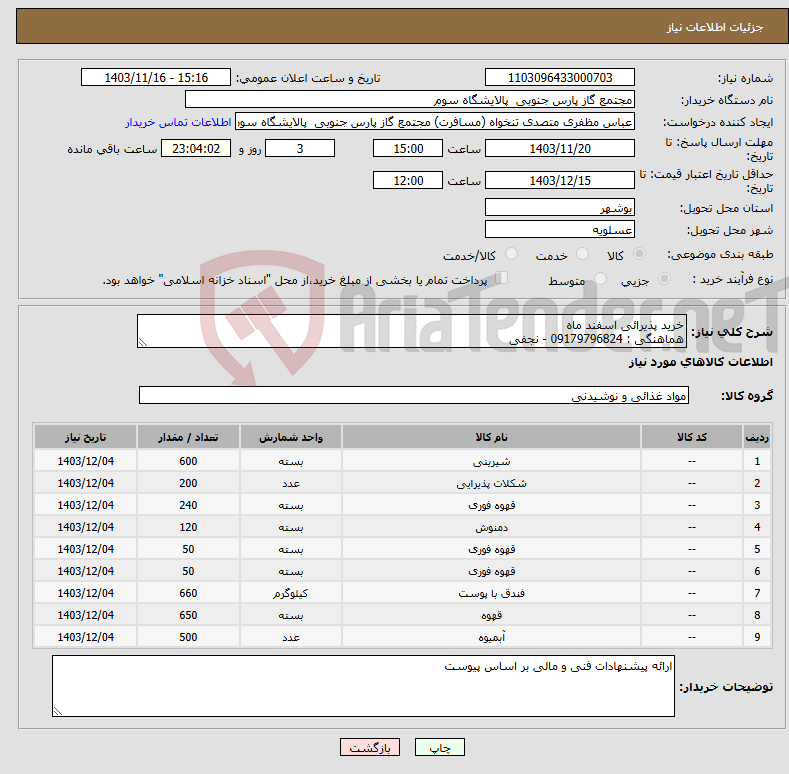 تصویر کوچک آگهی نیاز انتخاب تامین کننده-خرید پذیرائی اسفند ماه هماهنگی : 09179796824 - نجفی