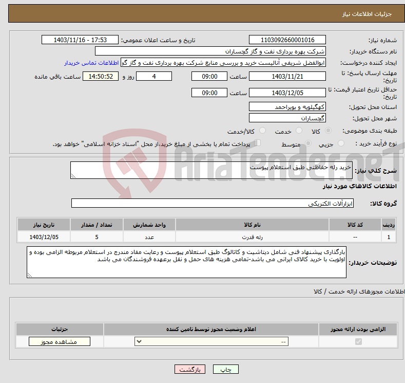 تصویر کوچک آگهی نیاز انتخاب تامین کننده-خرید رله حفاظتی طبق استعلام پیوست