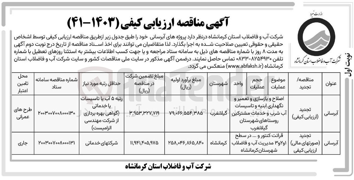 تصویر کوچک آگهی آبرسانی (قرائت کنتور و ... در سطح ۱ و ۲ و ۳ مدیریت آب و فاضلاب)