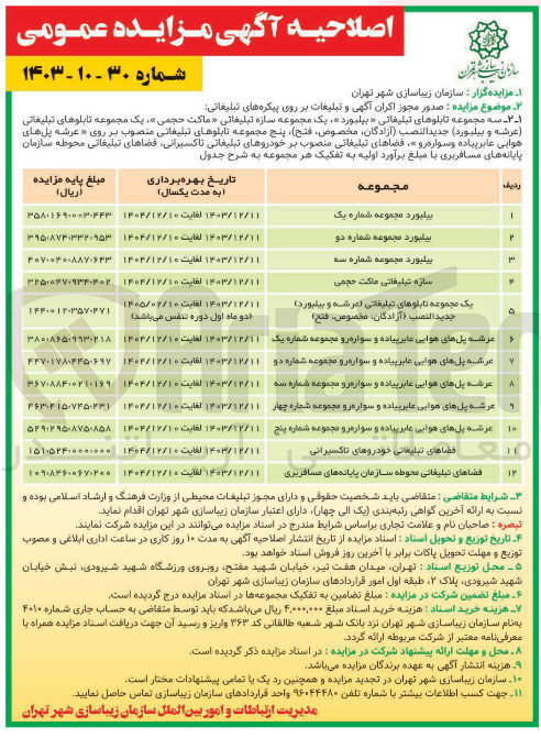 تصویر کوچک آگهی صدور مجوز اکران آگهی و تبلیغات بر روی پیکره های تبلیغاتی در 12 ردیف