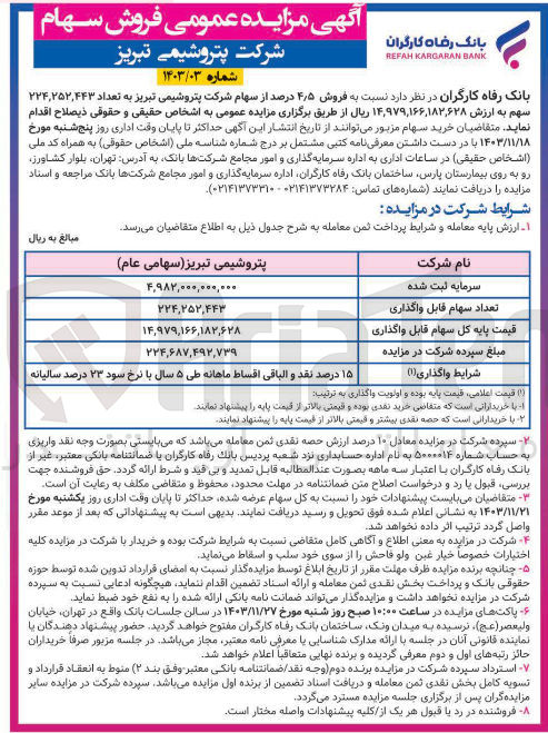 تصویر کوچک آگهی فروش ۵ ٫ ۴ درصد از سهام شرکت پتروشیمی تبریز به تعداد ۲۵۲,۴۴۳ ٬ ۲۲۴ سهم