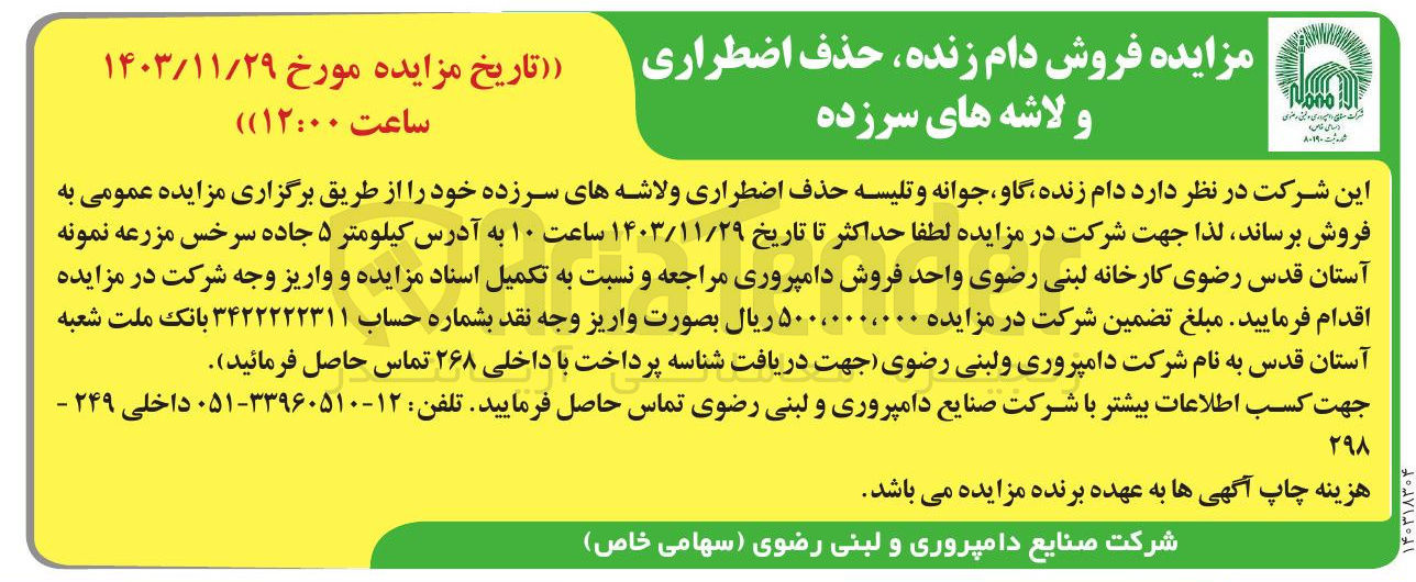 تصویر کوچک آگهی فروش دام زنده گاو ، جوانه و تلیسه حذف اضطراری و لاشه های سرزده 