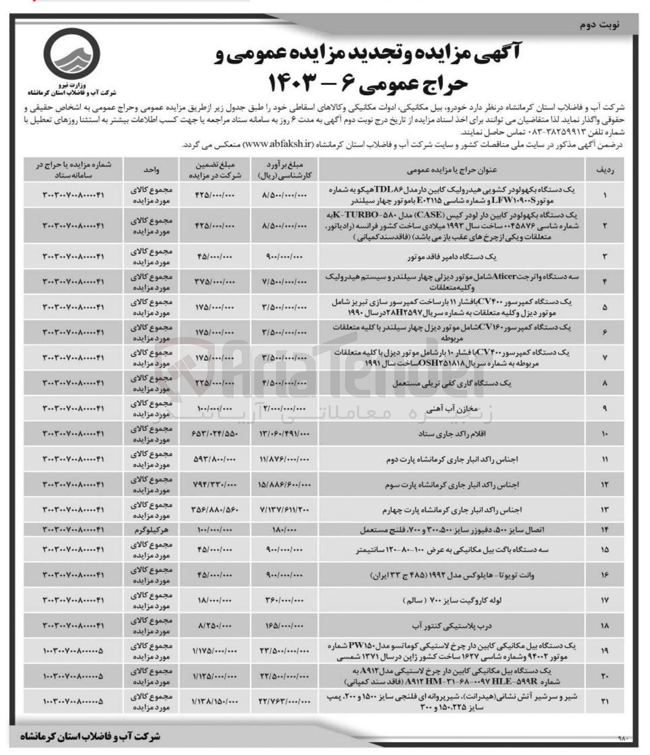 تصویر کوچک آگهی واگذاری  خودرو بیل مکانیکی ادوات مکانیکی و کالاهای اسقاطی در 21 ردیف
