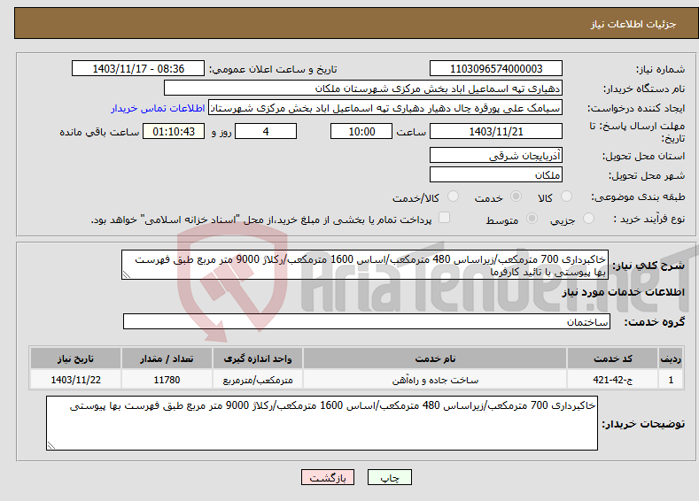 تصویر کوچک آگهی نیاز انتخاب تامین کننده-خاکبرداری 700 مترمکعب/زیراساس 480 مترمکعب/اساس 1600 مترمکعب/رکلاژ 9000 متر مربع طبق فهرست بها پیوستی با تائید کارفرما 