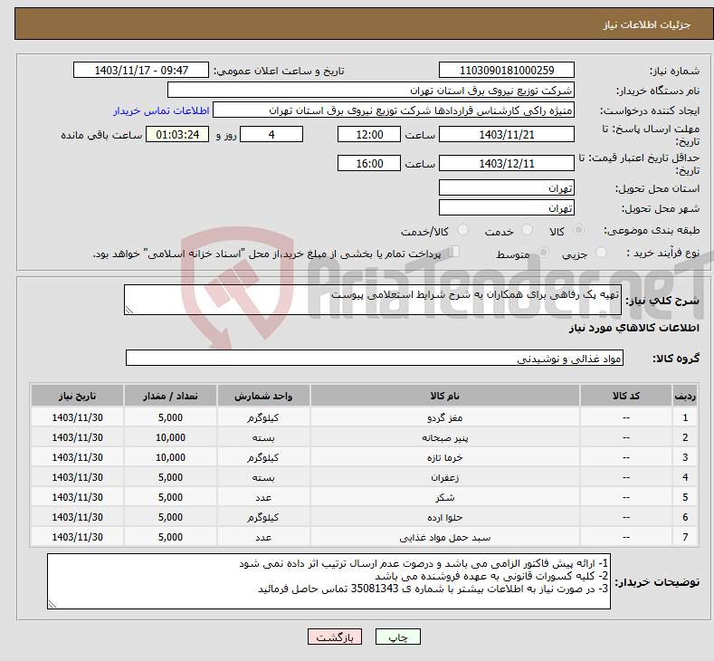 تصویر کوچک آگهی نیاز انتخاب تامین کننده-تهیه پک رفاهی برای همکاران به شرح شرایط استعلامی پیوست